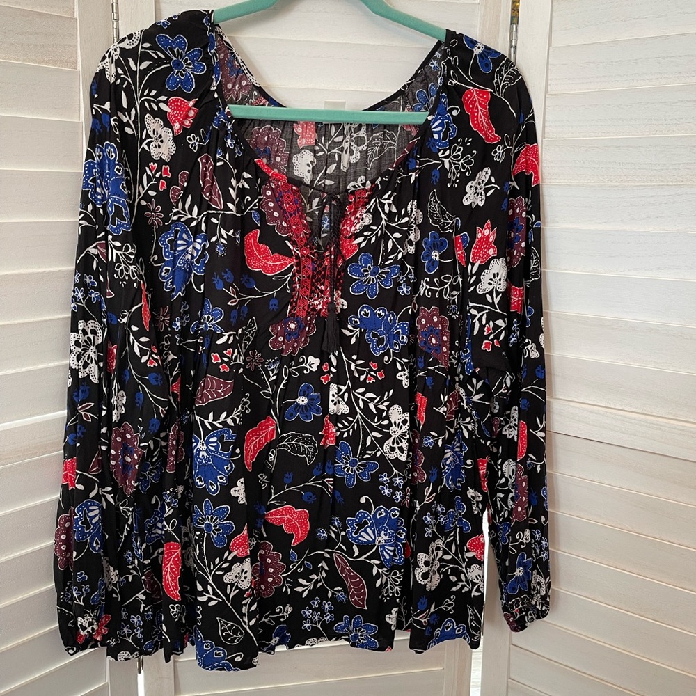 💕Old Navy black floral long sleeve blouse top. Size XXL